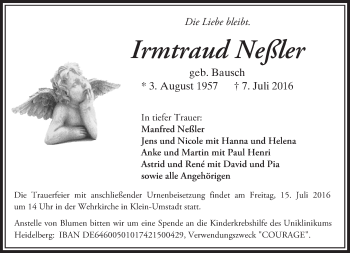 Traueranzeige von Irmtraud Neßler von Trauerportal Echo Online