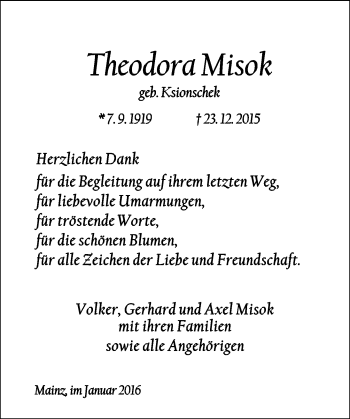 Traueranzeige von Theodora Misok von  Allgemeine Zeitung Mainz