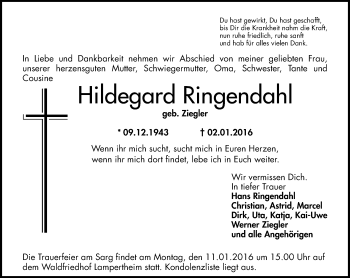 Traueranzeige von Hildegard Ringendahl von  Bürstädter Zeitung