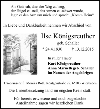 Traueranzeige von Ilse Königsreuther von  Wiesbaden komplett