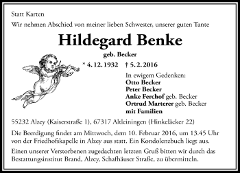 Traueranzeige von Hildegard Benke von  Allgemeine Zeitung Alzey