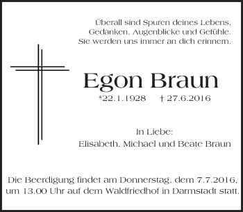 Traueranzeige von Egon Braun von Trauerportal Echo Online