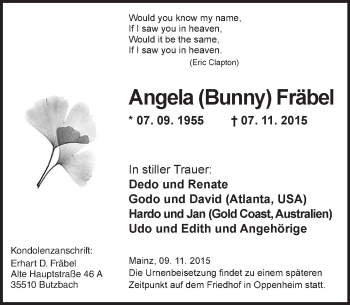 Traueranzeige von Angela Fräbel von  Allgemeine Zeitung Mainz