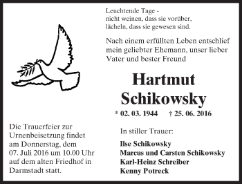 Traueranzeige von Hartmut Schikowsky von Trauerportal Echo Online