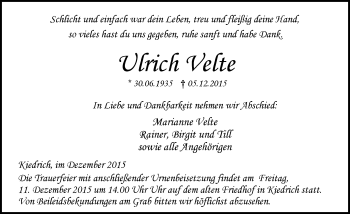 Traueranzeige von Ulrich Velte von  Rheingau
