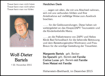 Traueranzeige von Wolf-Dieter Bartels von  Wiesbaden komplett