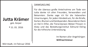 Traueranzeige von Jutta Krämer von  Allgemeine Zeitung Alzey