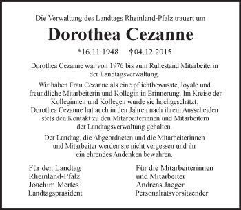 Traueranzeige von Dorothea Cezanne von  Allgemeine Zeitung Mainz