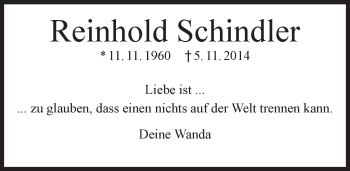 Traueranzeige von Reinhold Schindler von  Allgemeine Zeitung Mainz