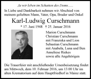 Traueranzeige von Karl-Ludwig Curschmann von  Allgemeine Zeitung Mainz