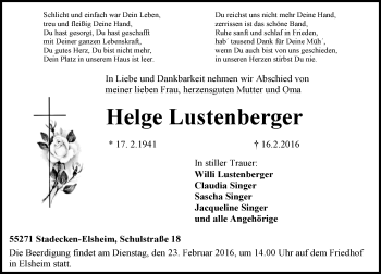 Traueranzeige von Helge Lustenberger von  Allgemeine Zeitung Mainz