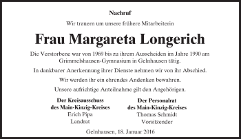 Traueranzeige von Margareta Longerich von  Gelnhäuser Tageblatt