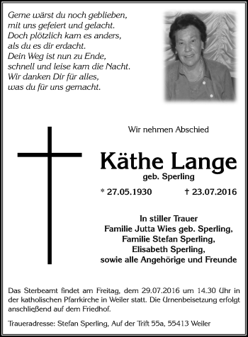 Traueranzeige von Käthe Lange von Trauerportal Rhein Main Presse