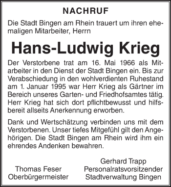 Traueranzeige von Hans-Ludwig Krieg von  Allgemeine  Zeitung Ingelheim-Bingen