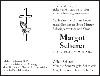 Traueranzeige von Margot Scherer von  Allgemeine Zeitung Mainz
