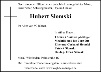 Traueranzeige von Hubert Slomski von  Wiesbaden komplett
