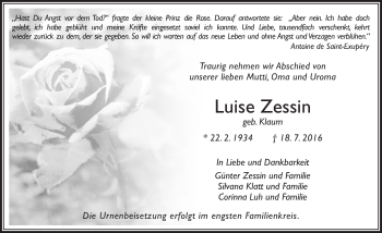 Traueranzeige von Luise Zessin von  Gießener Anzeiger