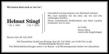 Traueranzeige von Helmut Stingl von  Gießener Anzeiger
