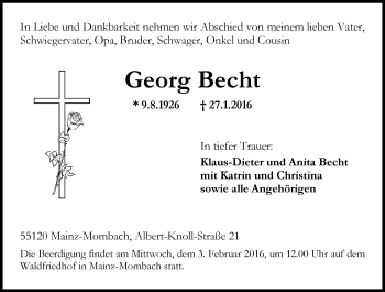 Traueranzeige von Georg Becht von  Allgemeine Zeitung Mainz
