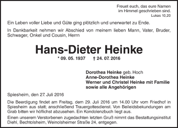 Traueranzeige von Hans-Dieter Heinke von Trauerportal Rhein Main Presse