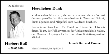 Traueranzeige von Herbert Buß von  Allgemeine Zeitung Mainz