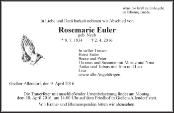 Traueranzeige von Rosemarie Euler von  Gießener Anzeiger