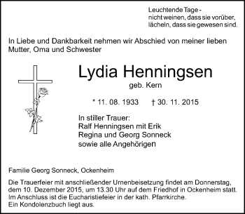 Traueranzeige von Lydia Henningsen von  Allgemeine  Zeitung Ingelheim-Bingen