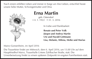 Traueranzeige von Erna Martin von  Allgemeine Zeitung Mainz
