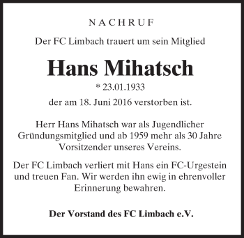 Traueranzeige von Hans Mihatsch von Trauerportal Rhein Main Presse