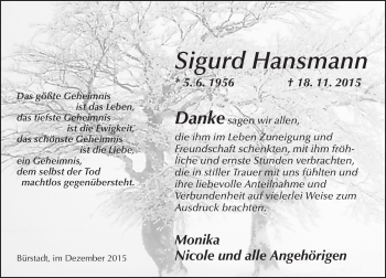 Traueranzeige von Sigurd Hansmann von  Bürstädter Zeitung