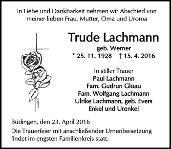 Traueranzeige von Trude Lachmann von  Kreisanzeiger