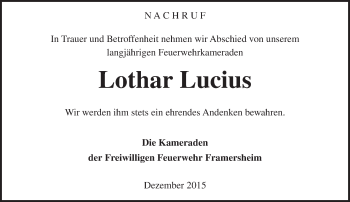 Traueranzeige von Lothar Lucius von  Allgemeine Zeitung Alzey