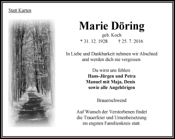 Traueranzeige von Marie Döring von VRM Trauer