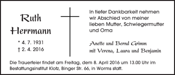 Traueranzeige von Ruth Herrmann von  Wormser Zeitung