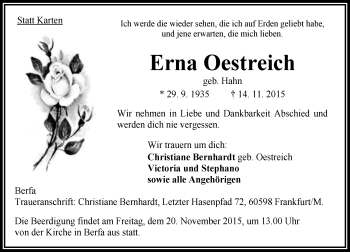 Traueranzeige von Erna Oestreich von VRM Trauer Traueranzeige von Erna Oestreich von VRM Trauer