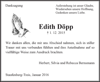 Traueranzeige von Edith Döpp von  Gießener Anzeiger