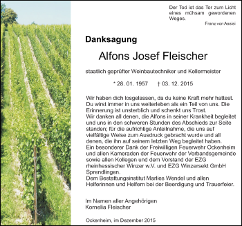 Traueranzeige von Alfons Josef Fleischer von  Allgemeine  Zeitung Ingelheim-Bingen