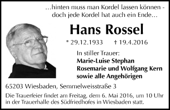 Traueranzeige von Hans Rossel von  Wiesbaden komplett