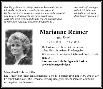 Traueranzeige von Marianne Reimer von VRM Trauer