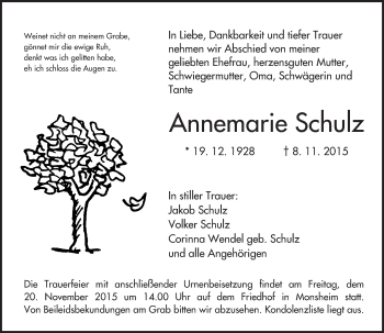 Traueranzeige von Annemarie Schulz von  Wormser Zeitung