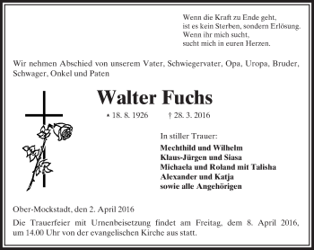 Traueranzeige von Walter Fuchs von  Kreisanzeiger