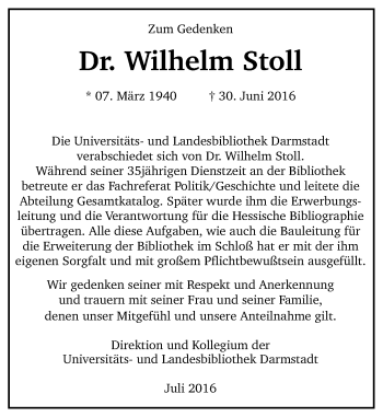 Traueranzeige von Wilhelm Stoll von Trauerportal Echo Online
