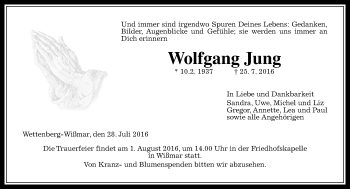 Traueranzeige von Wolfgang Jung von  Gießener Anzeiger