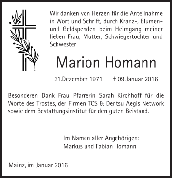 Traueranzeige von Marion Homann von  Allgemeine Zeitung Mainz