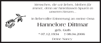 Traueranzeige von Hannelore Dittmar von  Wormser Zeitung