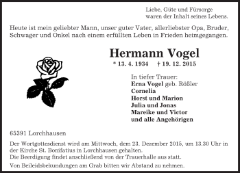 Traueranzeige von Hermann Vogel von  Rheingau