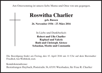 Traueranzeige von Roswitha Charlier von  Wiesbaden komplett