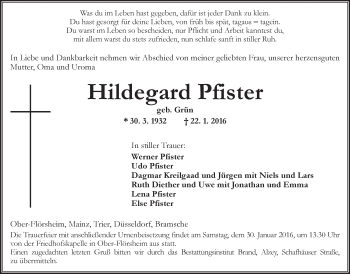 Traueranzeige von Hildegard Pfister von  Allgemeine Zeitung Alzey