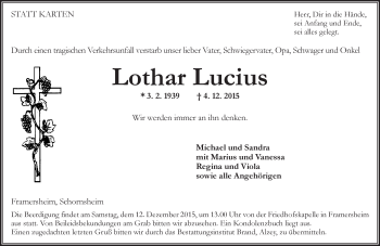 Traueranzeige von Lothar Lucius von  Allgemeine Zeitung Alzey