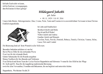 Traueranzeige von Hildegard Jakobi von Trauerportal Echo Online